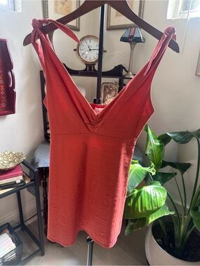 Privacy Please Linen Blend Rust Tie-Shoulder Mini Dress